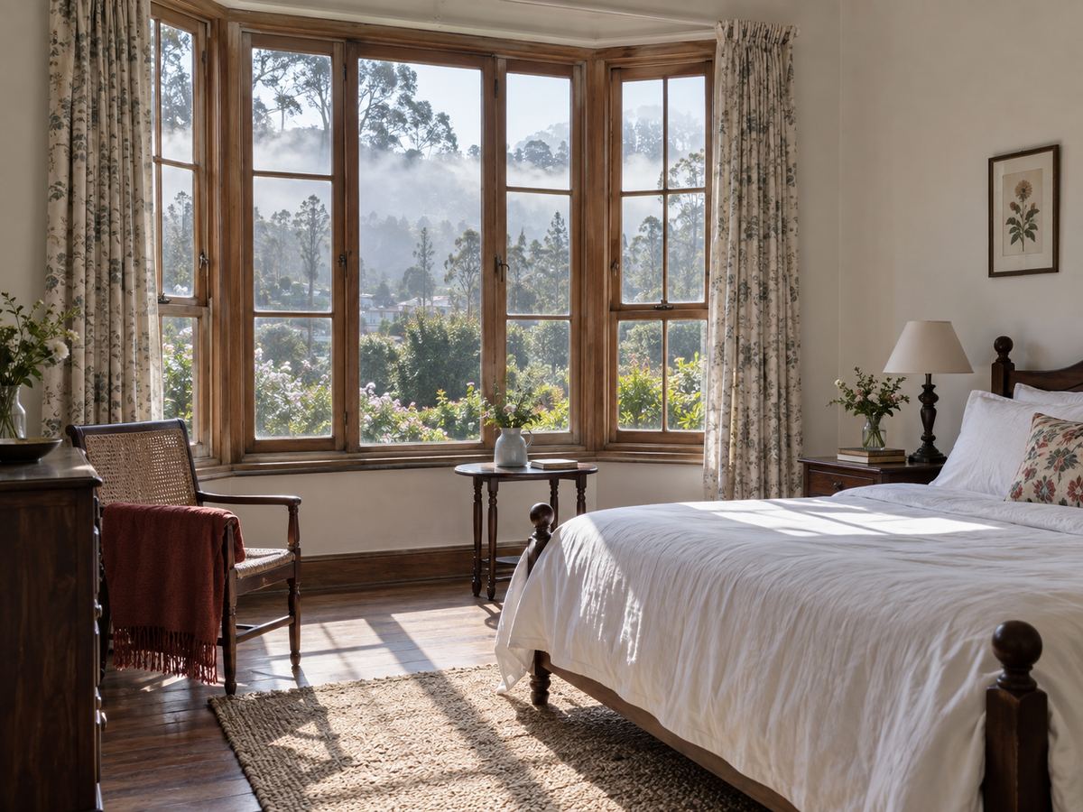 Bright bedroom in a Nuwara Eliya bungalow, white bedding, bay window onto a misty garden