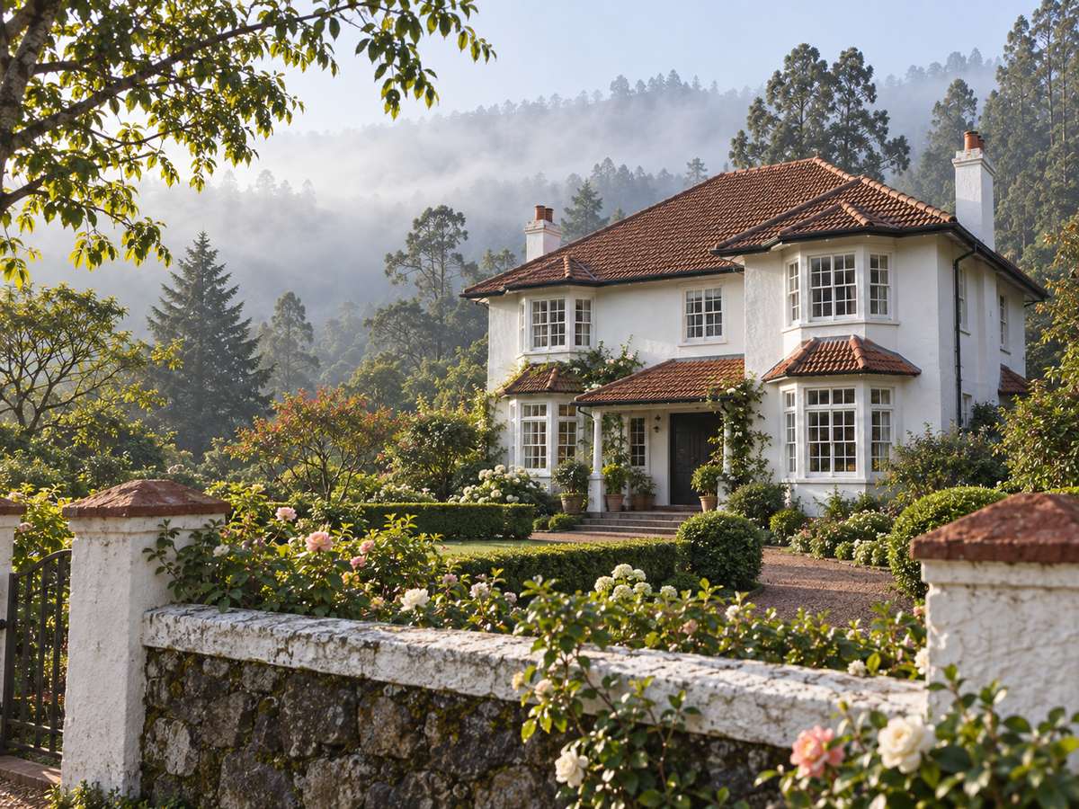 White limewash colonial bungalow with bay windows and a red-tile roof, pine trees, cool morning mist