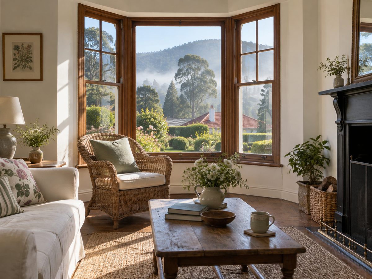 Bay-window sitting room with timber sash frames looking onto a clipped highland garden