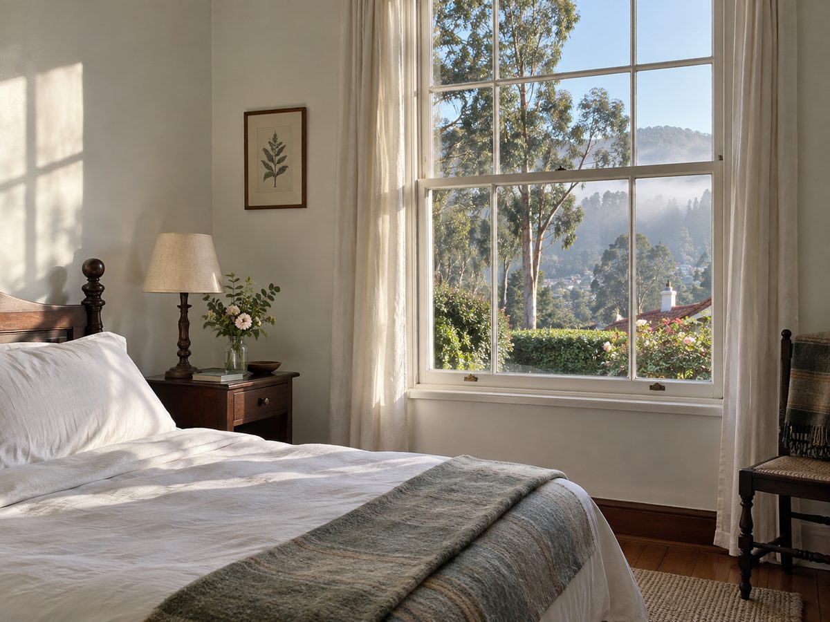 Simple guest bedroom with white bedding and a view of eucalyptus through a tall window
