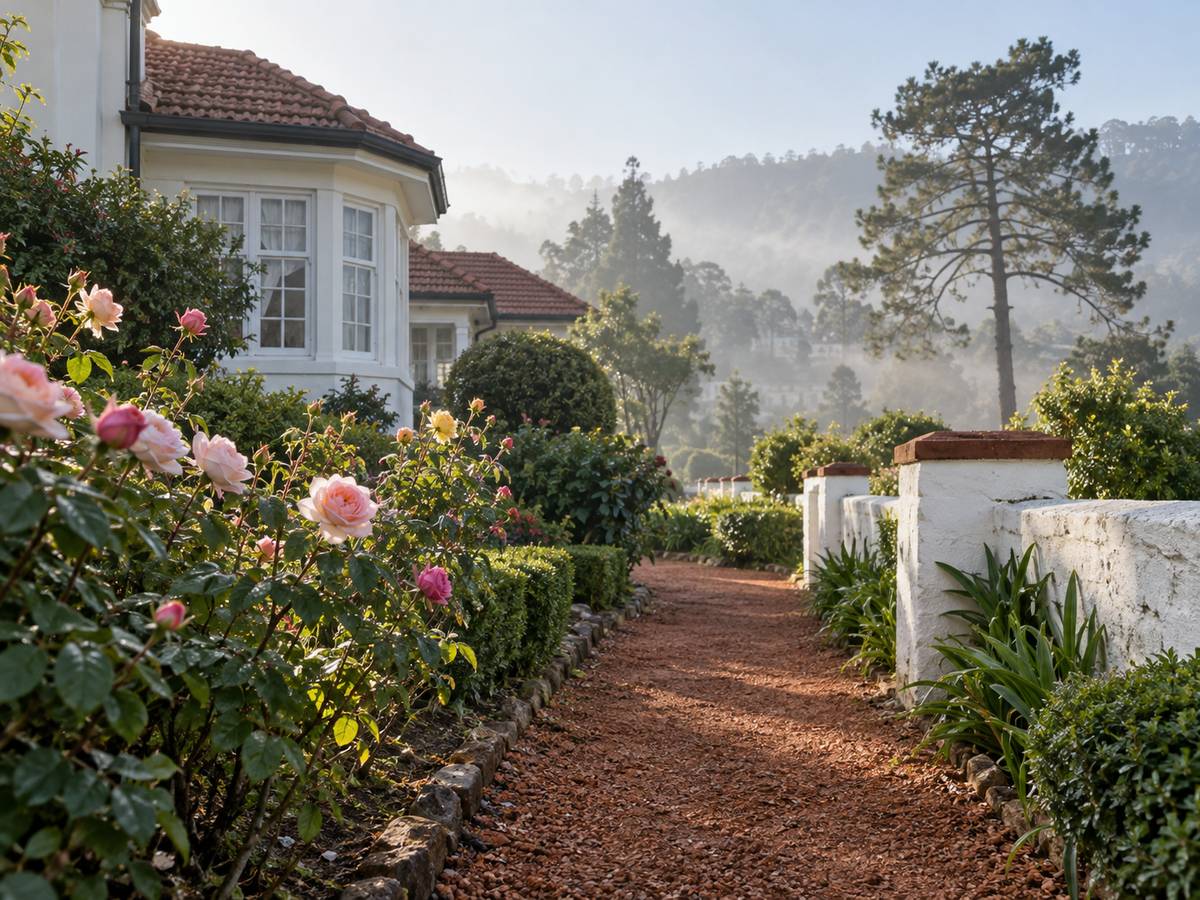 Garden path of laterite gravel between tea roses and a low white wall, Nuwara Eliya morning
