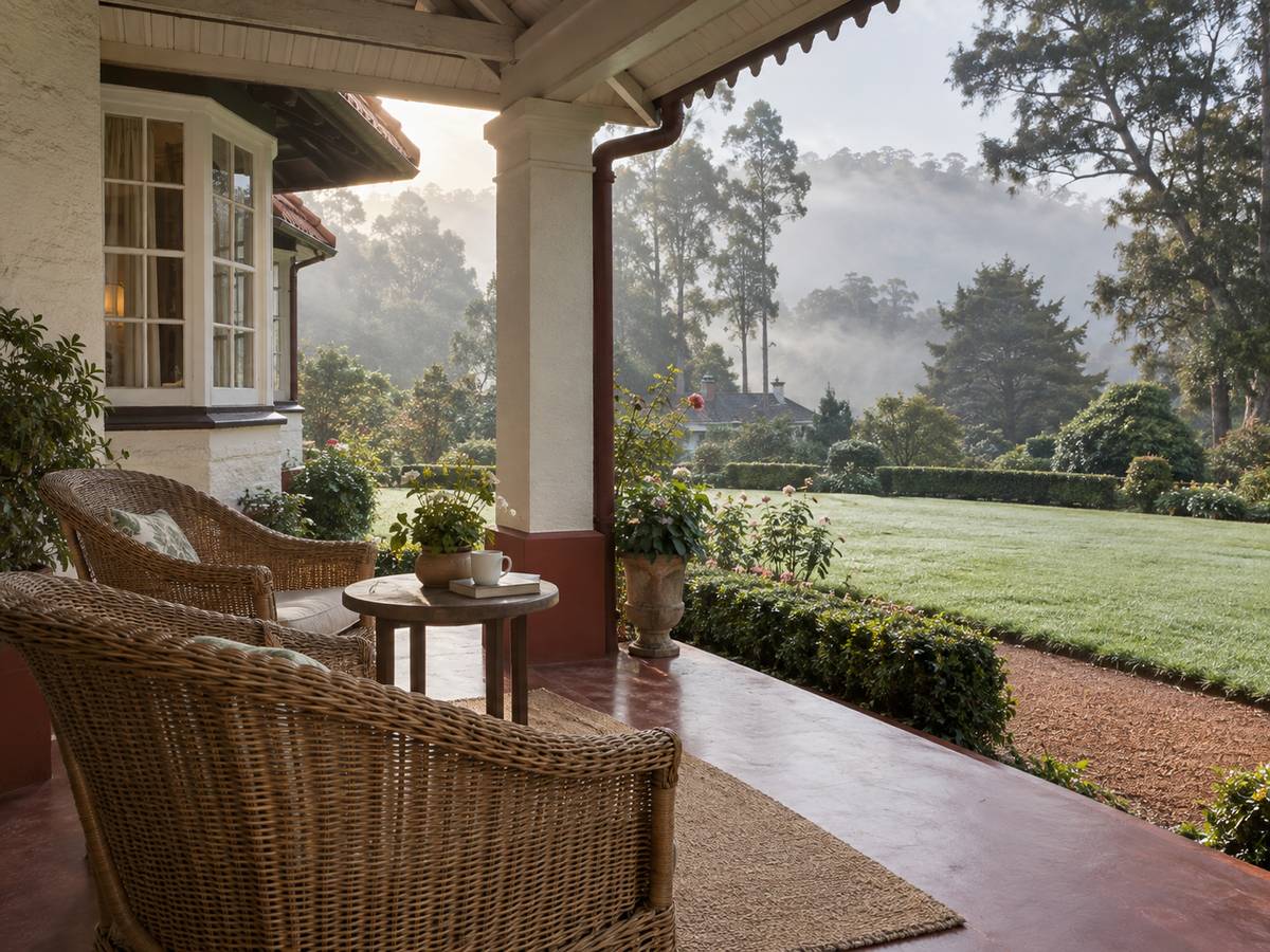 Covered terrace with wicker chairs facing a lawn under thin highland mist