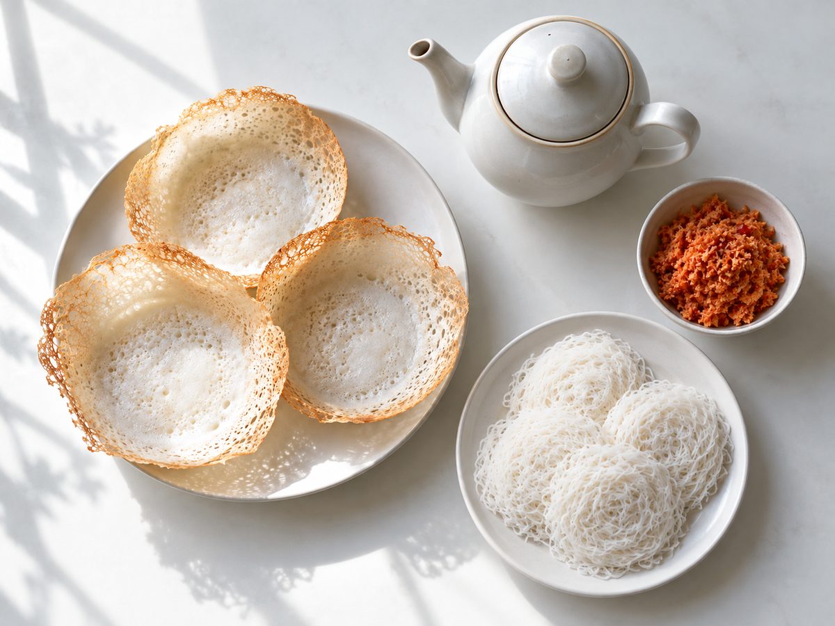 Breakfast of hoppers, pol sambol and a teapot on a white bungalow table