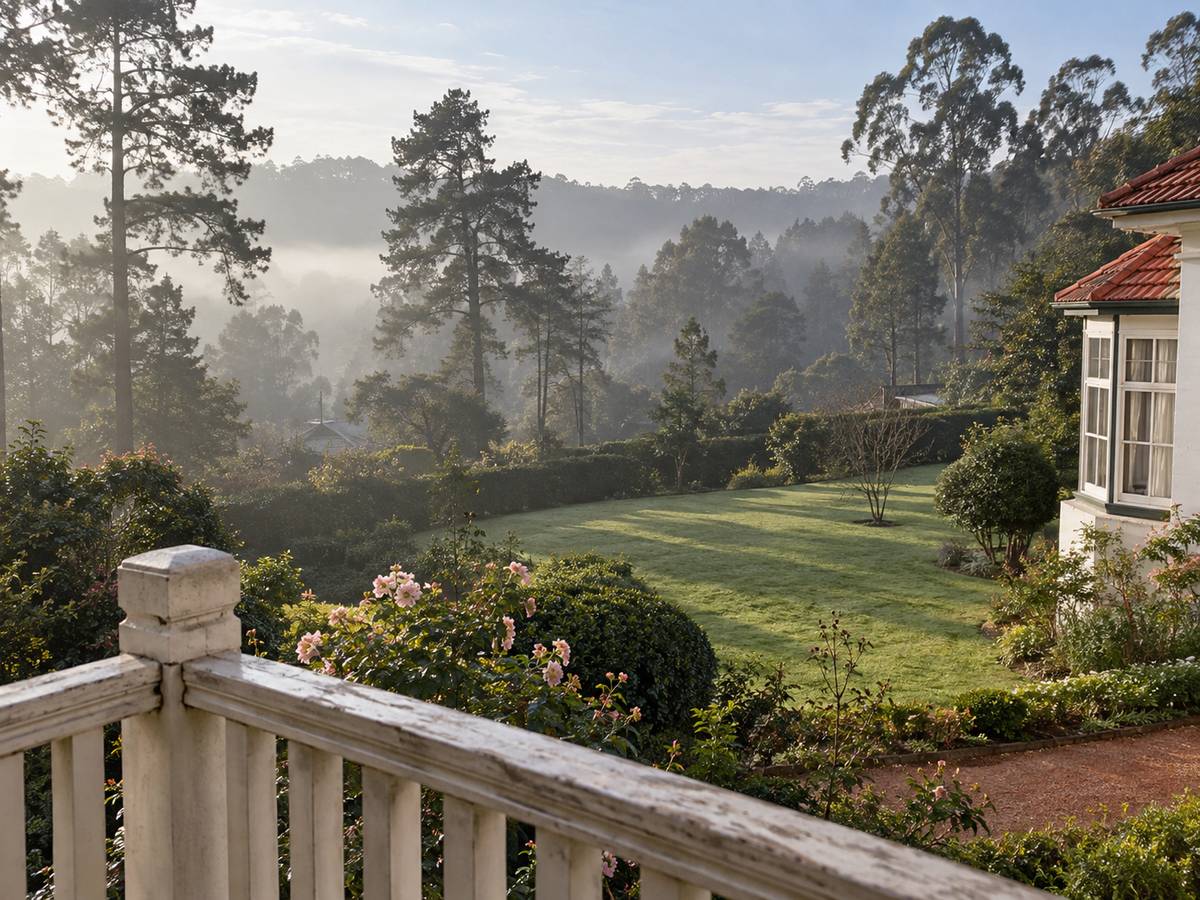 Victoria Park-style lawn and pines seen from a first-floor balcony, no people