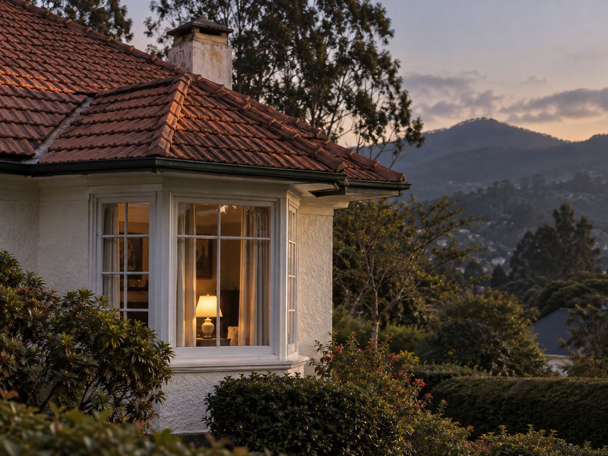 Evening lamp in a bay window, red roof tiles catching last light over the hills